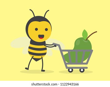 vector illustration character cartoon design cute honey yellow bee mascot holding trolley market shopping cart with in yellow background