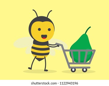 vector illustration character cartoon design cute honey yellow bee mascot holding trolley market shopping cart with avocado in yellow background