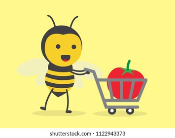 vector illustration character cartoon design cute honey yellow bee mascot holding trolley market shopping cart with tomato in yellow background