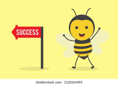 vector illustration character cartoon design cute honey yellow bee mascot walk to sucess way sign