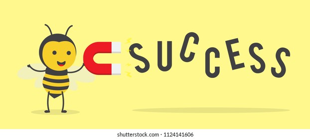 vector illustration character cartoon design cute honey yellow bee mascot holding a success text attracting red magnet in yellow background