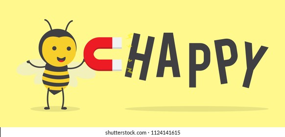 vector illustration character cartoon design cute honey yellow bee mascot holding a happy text attracting red magnet in yellow background