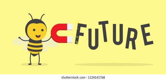 vector illustration character cartoon design cute honey yellow bee mascot holding a future text attracting red magnet in yellow background