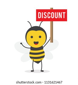 vector illustration character cartoon design cute honey yellow bee mascot holding discount red sign in yellow background