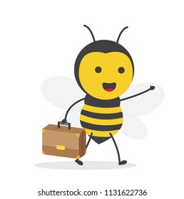 vector illustration character cartoon design cute honey yellow bee mascot holding suicase and call with phone in yellow background