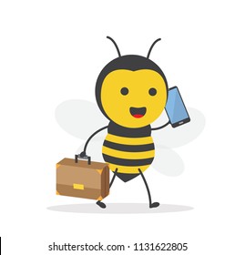 vector illustration character cartoon design cute honey yellow bee mascot holding suicase and call with phone in yellow background