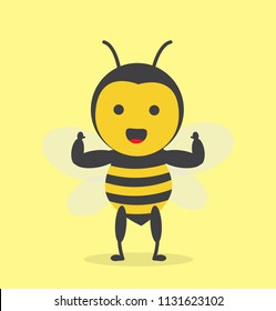 vector illustration character cartoon design cute honey yellow bee mascot showing off huge muscle in yellow background