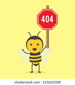 vector illustration character cartoon design cute honey yellow bee mascot holding 404 red sign in yellow background