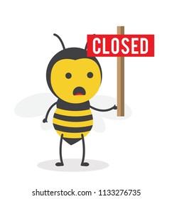 vector illustration character cartoon design cute sad honey yellow bee mascot holding closed red sign in yellow background