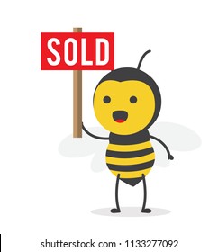 vector illustration character cartoon design cute honey yellow bee mascot holding sold red sign in yellow background