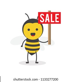 vector illustration character cartoon design cute honey yellow bee mascot holding sale red sign market in yellow background