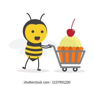 vector illustration character cartoon design cute honey yellow bee mascot holding trolley market shopping cart with sweet cupcake for dessert or dessert celebration in white background
