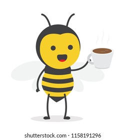 vector illustration character cartoon design cute honey yellow bee mascot holding coffee cup in white background
