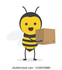 vector illustration character cartoon design cute honey yellow bee mascot holding brown cardboard box in white background