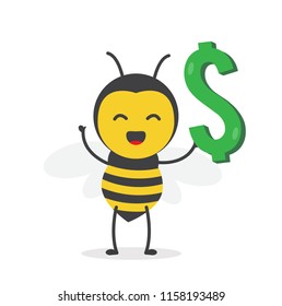 vector illustration character cartoon design cute honey yellow bee mascot holding green dollar icon in white background