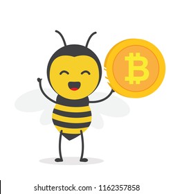 vector illustration character cartoon design cute honey yellow bee mascot holding golden bitcoin coin in white background