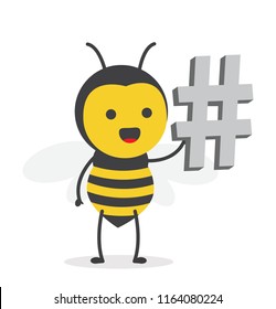 vector illustration character cartoon design cute honey yellow bee mascot holding hashtag icon 3d in white background
