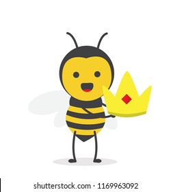 vector illustration character cartoon design cute honey yellow bee mascot holding gold king crown in white background