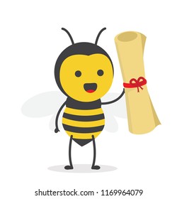 vector illustration character cartoon design cute honey yellow bee mascot holding old paper roll papyrus in white background