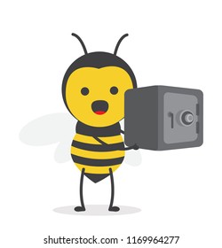 vector illustration character cartoon design cute honey yellow bee mascot holding safe box in white background