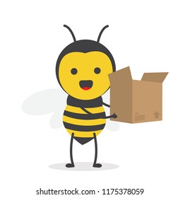 vector illustration character cartoon design cute honey yellow bee mascot holding brown open cardboard box in white background