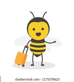vector illustration character cartoon design cute honey yellow bee mascot holding suitcase for holiday in white background