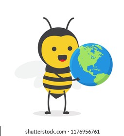 vector illustration character cartoon design cute honey yellow bee mascot holding earth, save the world in white background