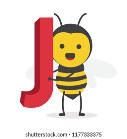 vector illustration character cartoon design cute honey yellow bee mascot holding alphabet letter j in white background