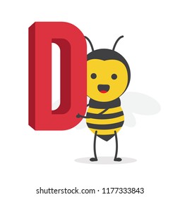 vector illustration character cartoon design cute honey yellow bee mascot holding alphabet letter d in white background