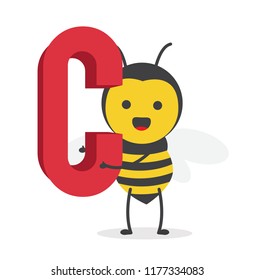 vector illustration character cartoon design cute honey yellow bee mascot holding alphabet letter c in white background