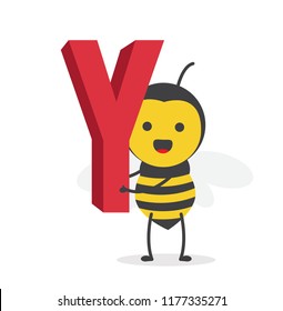 vector illustration character cartoon design cute honey yellow bee mascot holding alphabet letter Y in white background