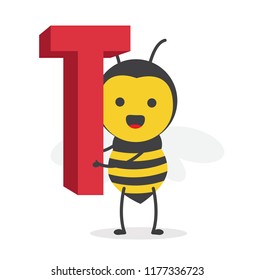 vector illustration character cartoon design cute honey yellow bee mascot holding alphabet letter T in white background