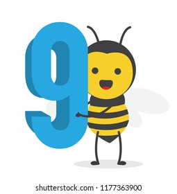 vector illustration character cartoon design cute honey yellow bee mascot holding alphabet number 9 digit in white background