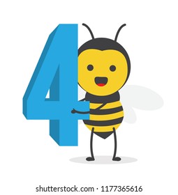 vector illustration character cartoon design cute honey yellow bee mascot holding alphabet number 4 digit in white background