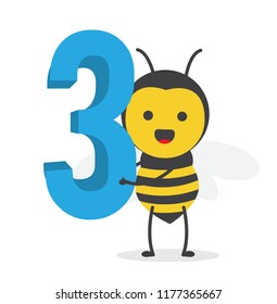 vector illustration character cartoon design cute honey yellow bee mascot holding alphabet number 3 digit in white background