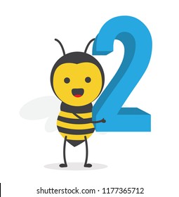 vector illustration character cartoon design cute honey yellow bee mascot holding alphabet number 2 digit in white background