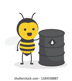 vector illustration character cartoon design cute honey yellow bee mascot holding black drum oil in white background