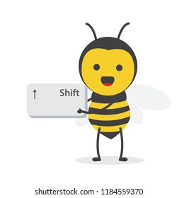 vector illustration character cartoon design cute honey yellow bee mascot holding shift button keyboard in white background