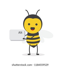 vector illustration character cartoon design cute honey yellow bee mascot holding alt button keyboard in white background