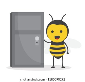 vector illustration character cartoon design cute honey yellow bee mascot holding door open in white background