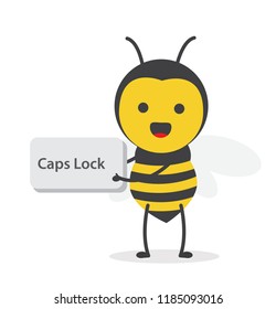 vector illustration character cartoon design cute honey yellow bee mascot holding caps lock button keyboard in white background