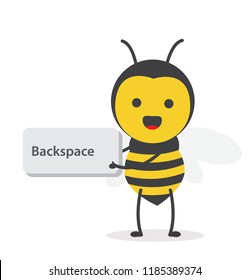 vector illustration character cartoon design cute honey yellow bee mascot holding backspace button keyboard in white background