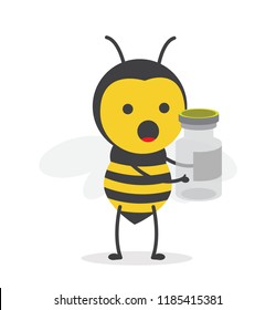 vector illustration character cartoon design cute honey yellow bee mascot holding Glass Jar in white background