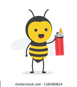 vector illustration character cartoon design cute honey yellow bee mascot holding gas lighters in white background