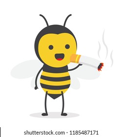 vector illustration character cartoon design cute honey yellow bee mascot smoking holding cigarette smoke  in white background