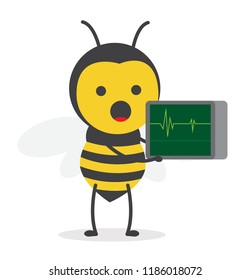 vector illustration character cartoon design cute honey yellow bee mascot holding heart rate monitor in white background