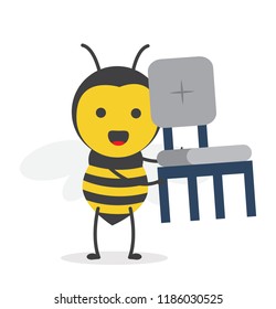 vector illustration character cartoon design cute honey yellow bee mascot holding chair in white background