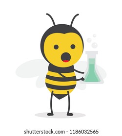 vector illustration character cartoon design cute honey yellow bee mascot holding laboratory flask with green liquid in white background