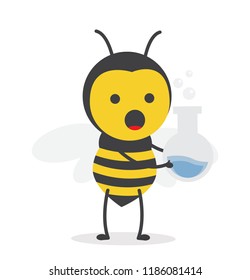 vector illustration character cartoon design cute honey yellow bee mascot holding laboratory flask with blue liquid in white background