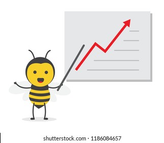 vector illustration character cartoon design cute honey yellow bee mascot holding stick in increase bar graphic, sale growth in white background